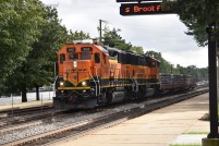 A BNSF work train brings new ties through Brookfield
