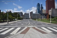 A view down the end of Ida B. Wells Drive towards the west